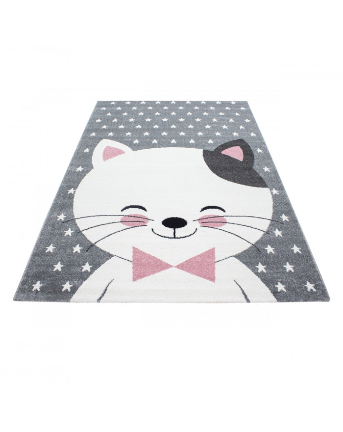 Tappeto per bambini, tappeto per camerette, gatto, motivo a stella,  grigio-bianco-rosa