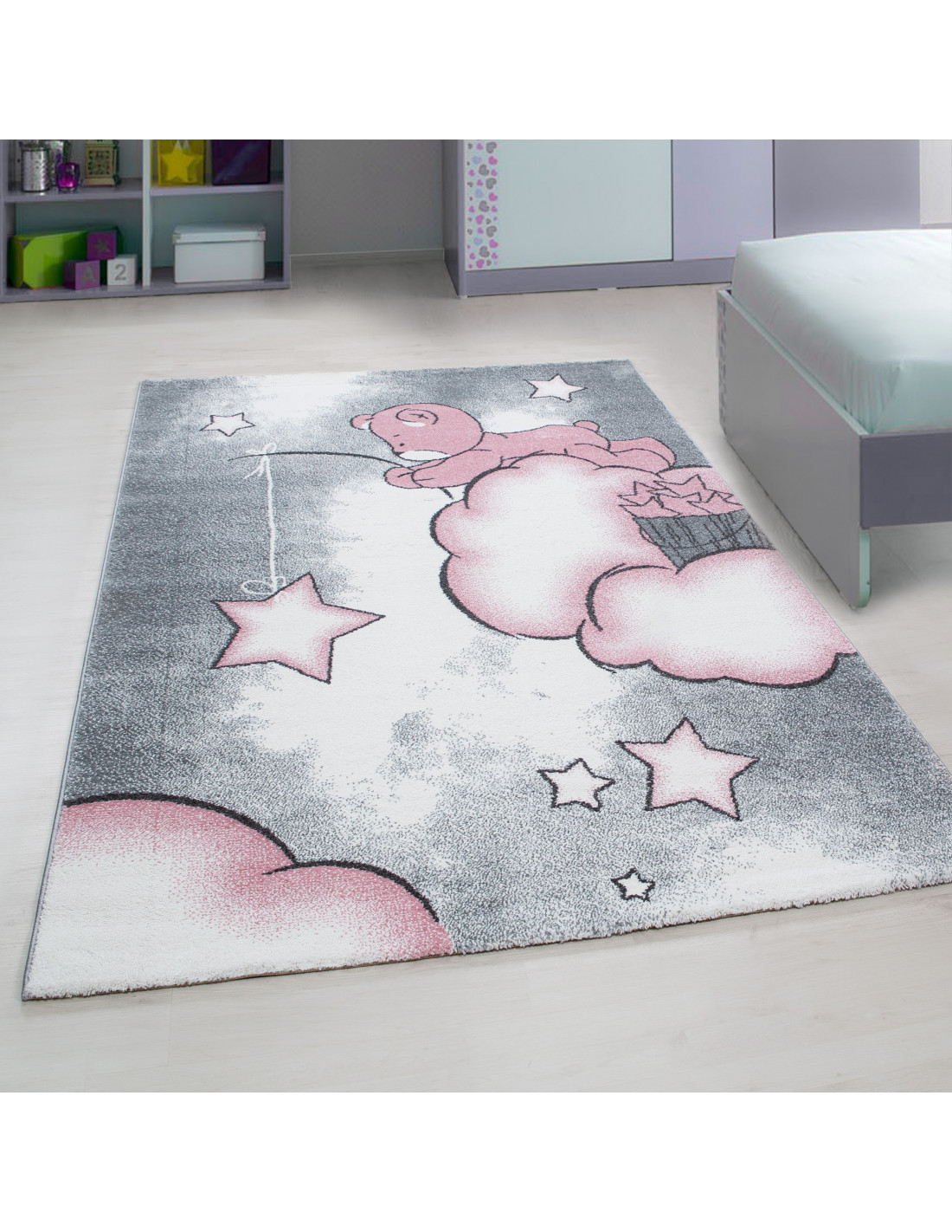 TAPISO Pinky Tappeto per Cameretta dei Bambini Rosa Grigio Bianco Orso  Gioco Sottile 120 x 170 cm