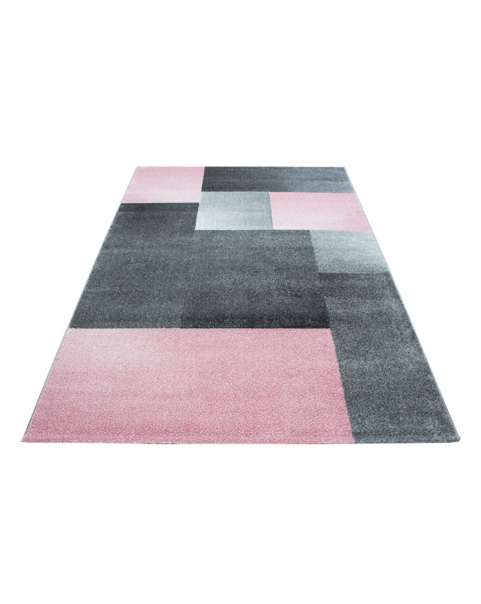 Alfombra salón diseño moderno pelo corto estampado block gris rosa blanco
