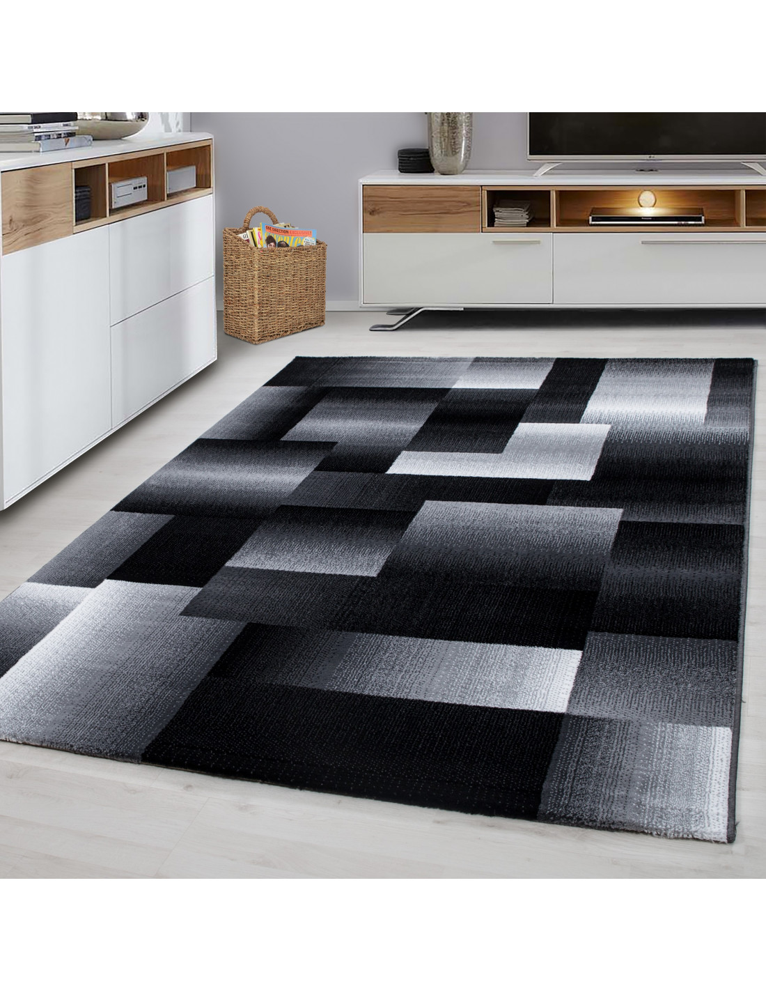 Modern Design Teppich Kurzflor Abstrakt Grau Muster Weiß Kariert Schwarz